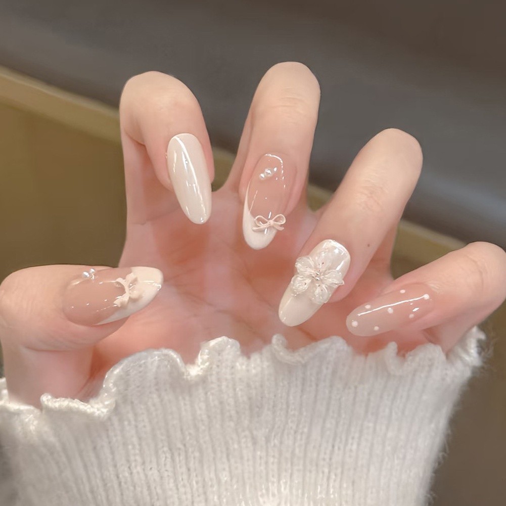 Floral Bow Press On Nails with 3D Pearls Beige Color Wearable Nails for Women