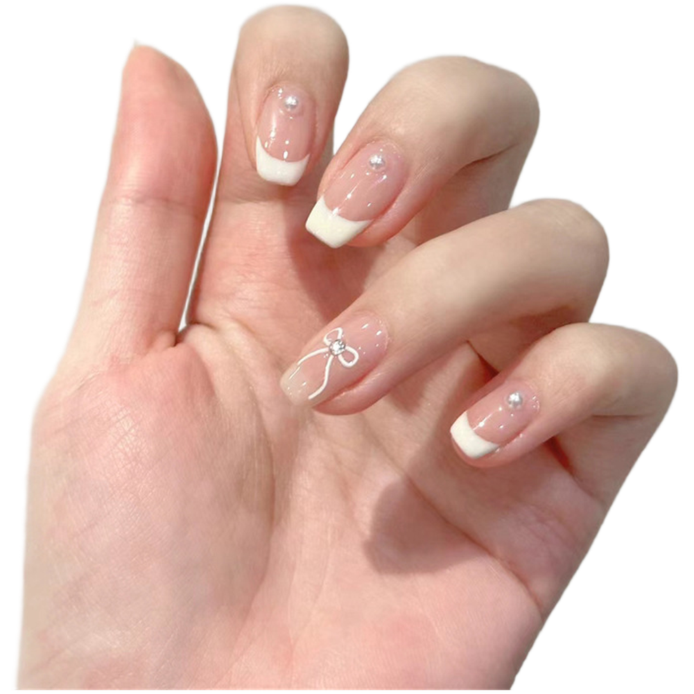 Reusable Short Press On Nails with Bow Design FOR FRENCH Manicure Style
