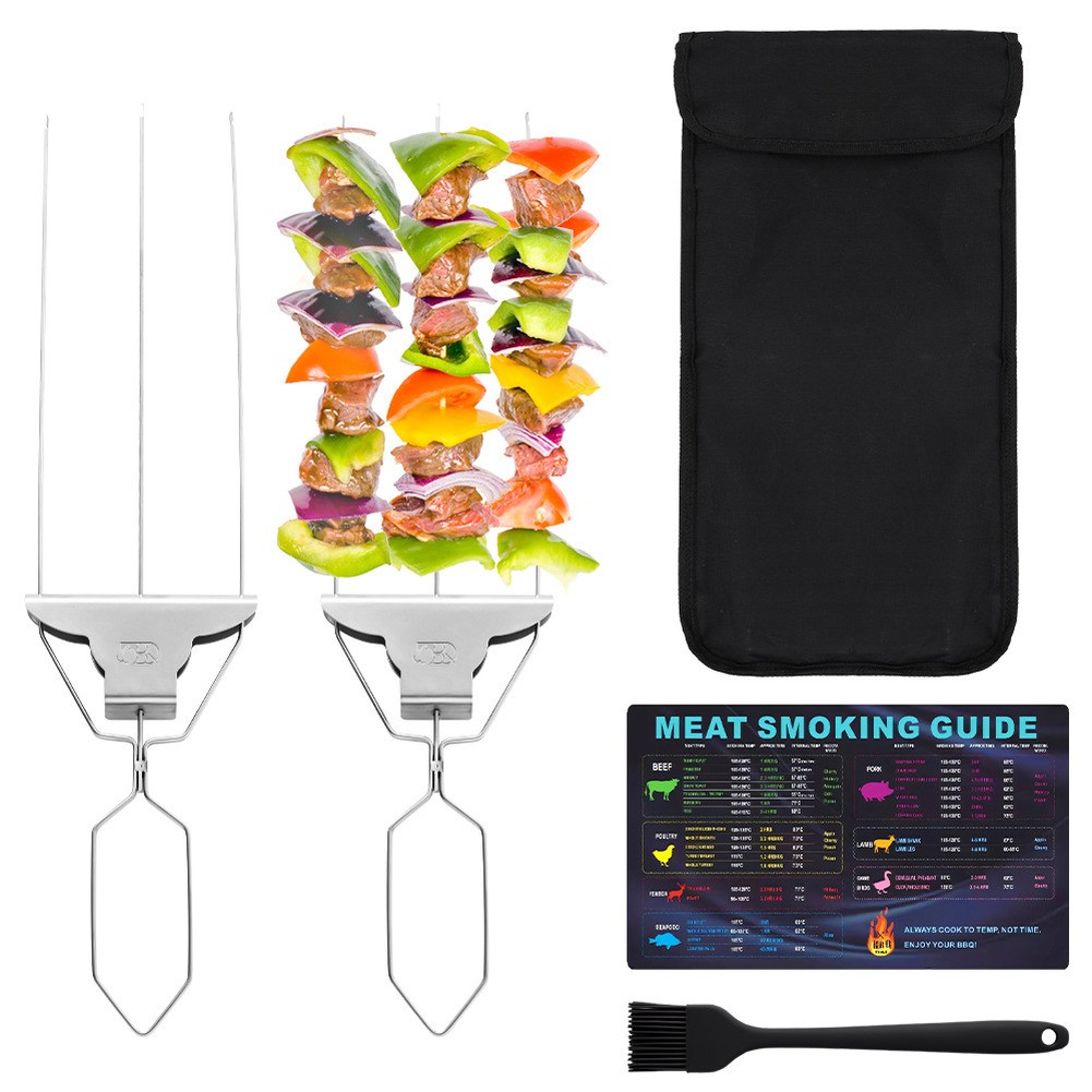 Stainless Steel 3 Prong For Grilling Skewers for Mixed Kabobs with Push Bar