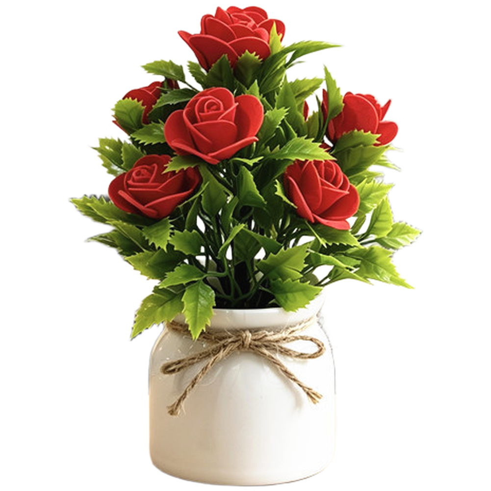 7.5 inch Artificial Rose Arrangement in Rustic White Pot with Twine for accent
