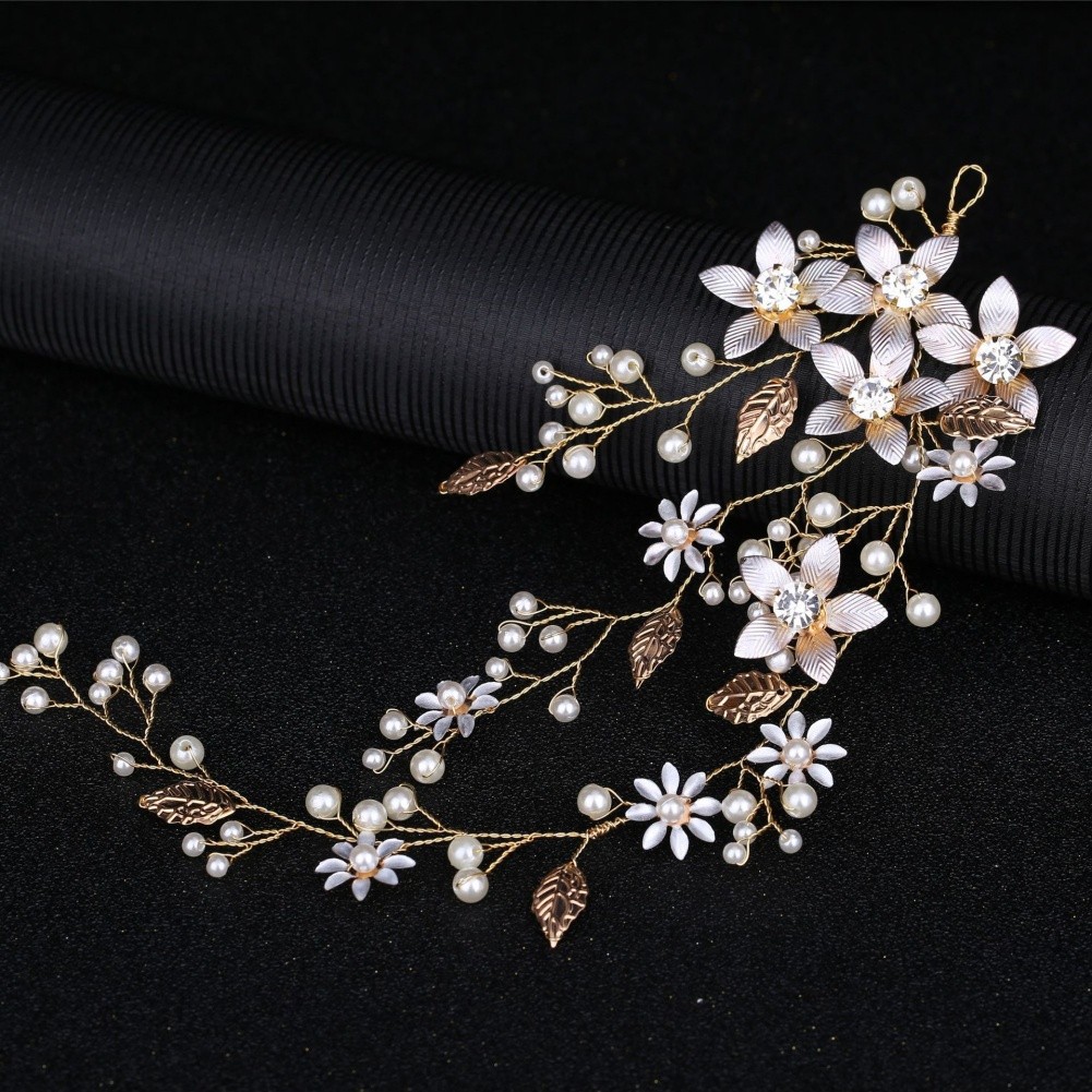 Handmade Wedding Headband for Women with Pearls and Delicate Floral Leaf Design