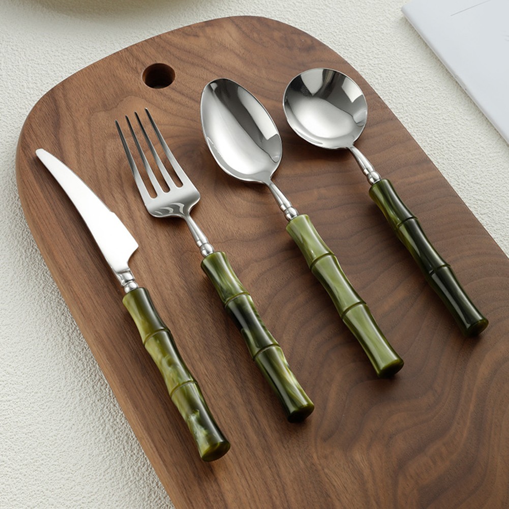 4 Piece Bamboo-Style Silverware Set 304 Stainless Steel Acrylic Handle 20 cm