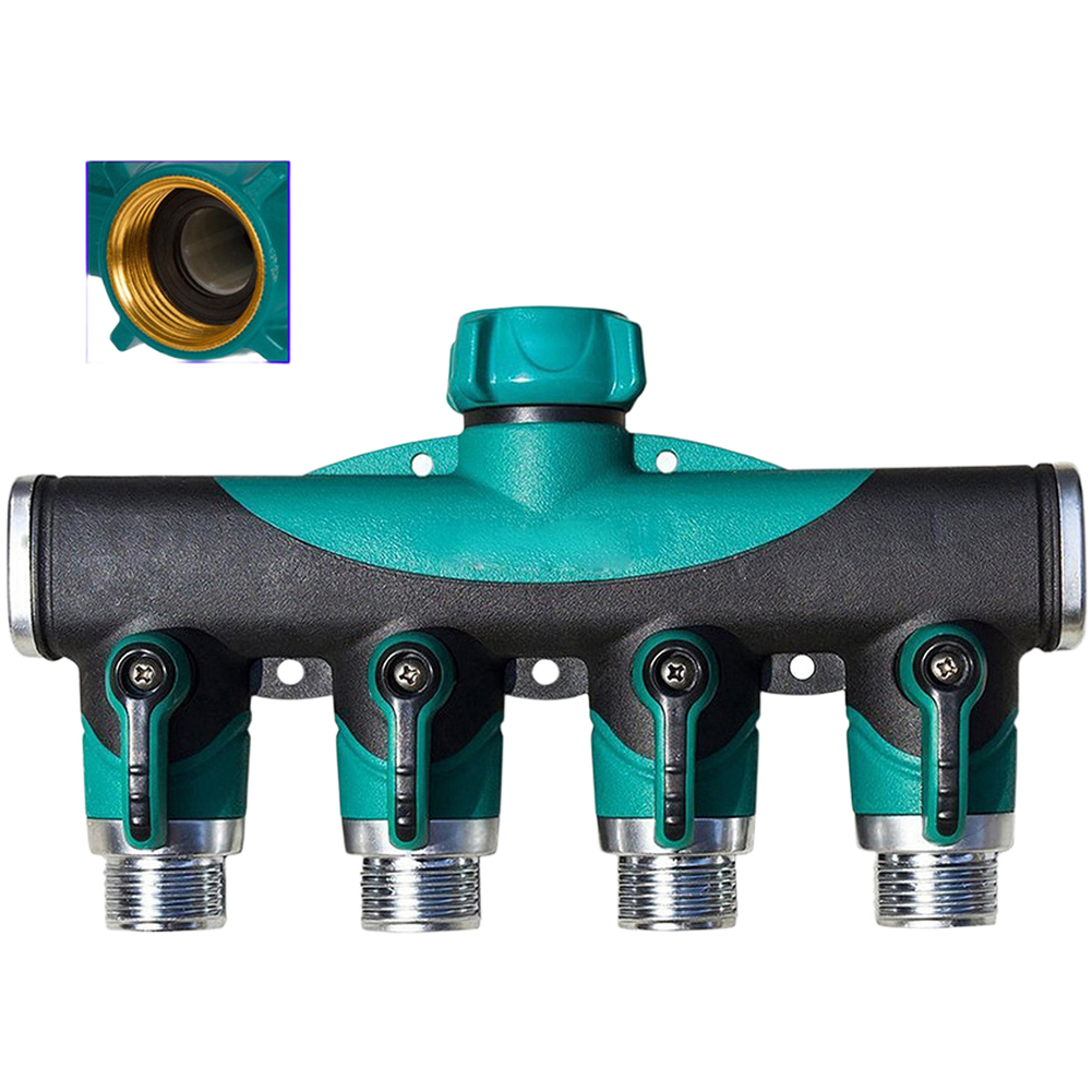 4 Way Plastic Hose Manifold with Aluminum Coated Nuts 3/4 Inch Compatibility