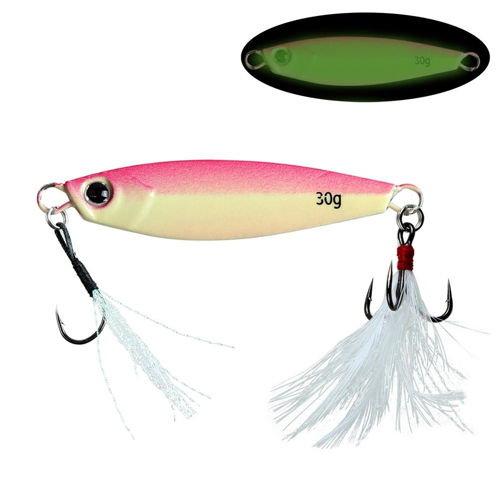 Drop Bait Glow Jig 30g Iron Plate Design with Feather Hook for Night Fishing