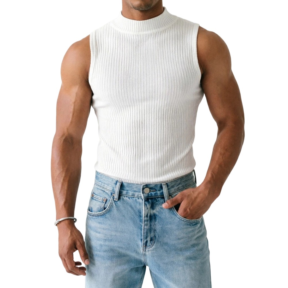 Men Ribbed Sleeveless Tank Top with Half Turtleneck Neckline Casual Vest