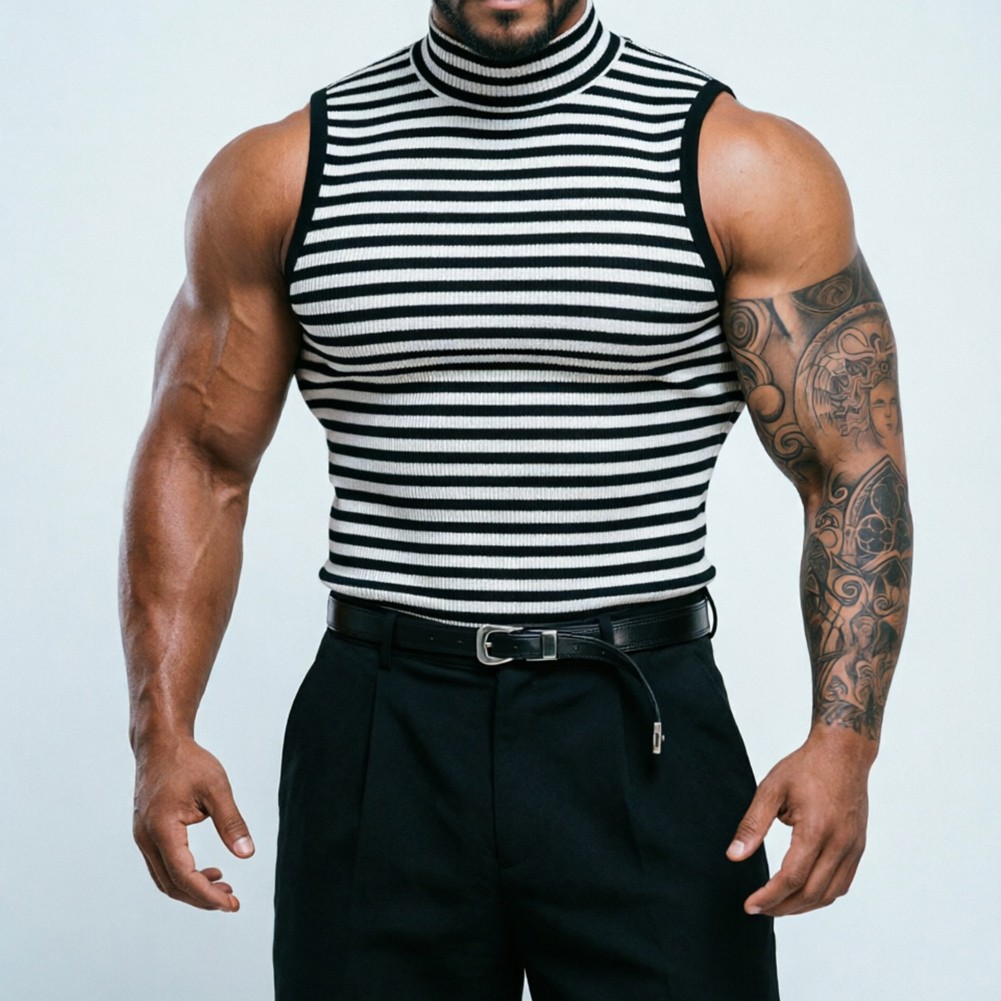 Striped Tank Top Men Sleeveless Vest Turtleneck Neck Fitness Gym Casual