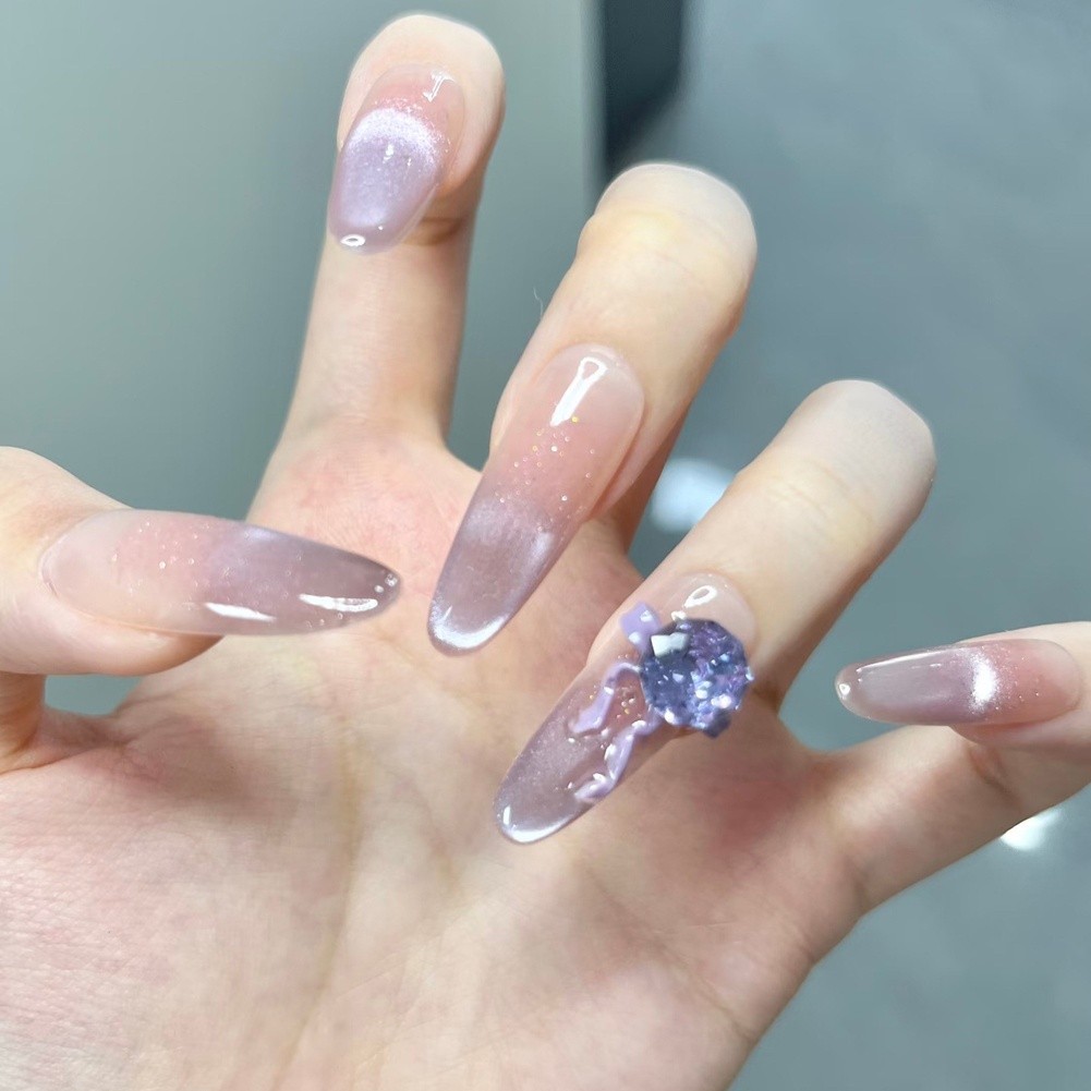 For FRENCH Style Cat Eye Press On Nails Gradient Glitter Purple 10cm Size