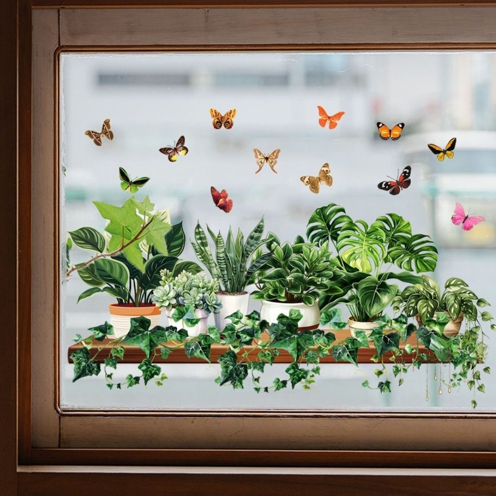 Glass Window Stickers with Realistic Green Leaves and Butterflies 60x50cm