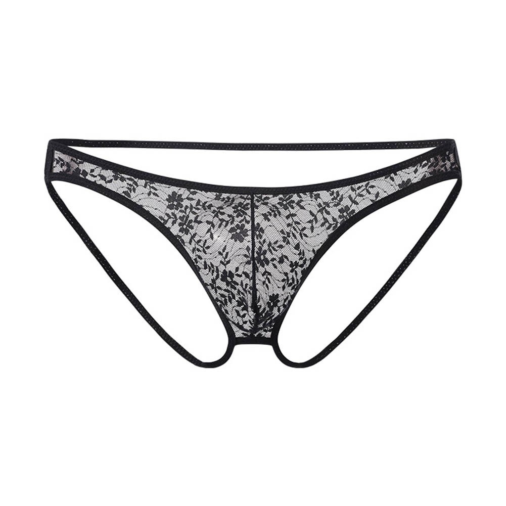 Men’s Hollow Thong G String Lace Sheer Low Rise Open Butt Underwear Black