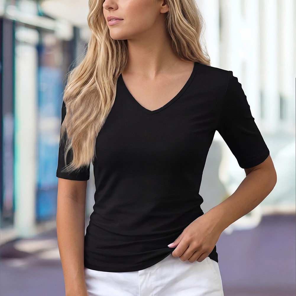 Women Slim-Fit Solid V-Neck Mid-Sleeve T-Shirt Polyester Spandex Blend