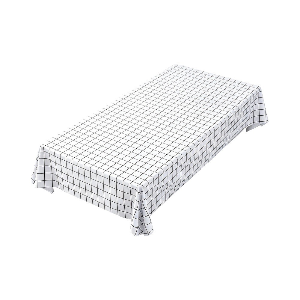 Waterproof Vinyl Tablecloth with Classic Black Grid Motif on White Background