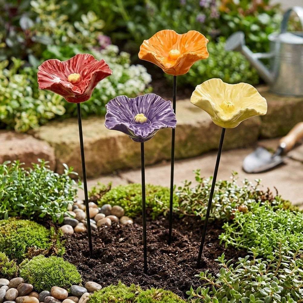 Resin Flower Garden Stakes 4pcs for Outdoor Use Bird Bee Friendly Design