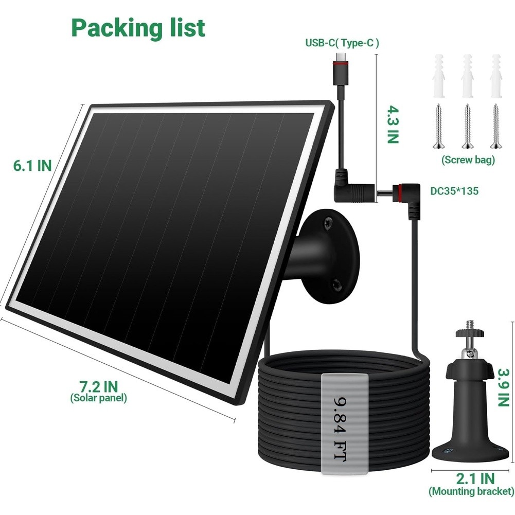 6W Solar Panel for For video Doorbell Camera Outdoor DC3.5 and Type C Support
