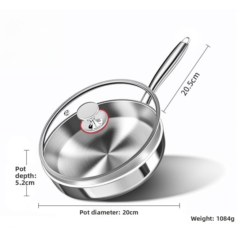 Flat Skillet Made of 316L Stainless Steel Uncoated Frying Pan with Glass Lid