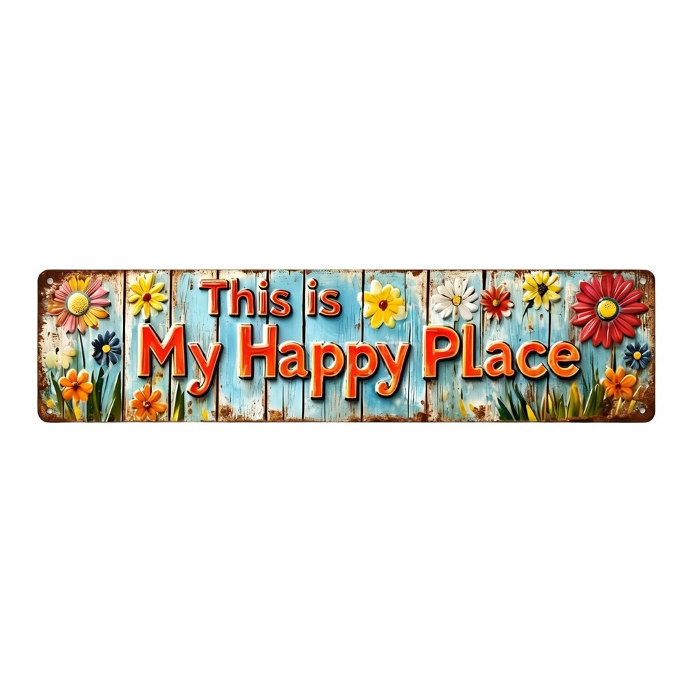 Retro Metal Sign This Is My Happy Place Floral Wall Art Geometric Shape