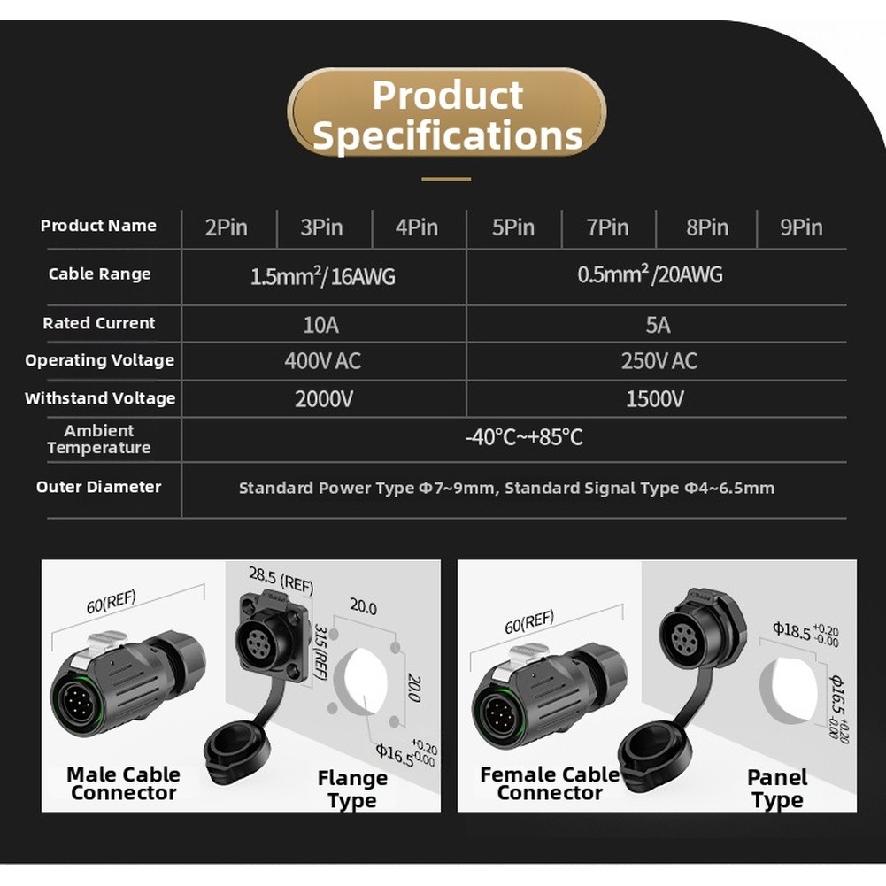Waterproof IP68 Circular Connector Aviation Design 2 Core to 5 Core Range