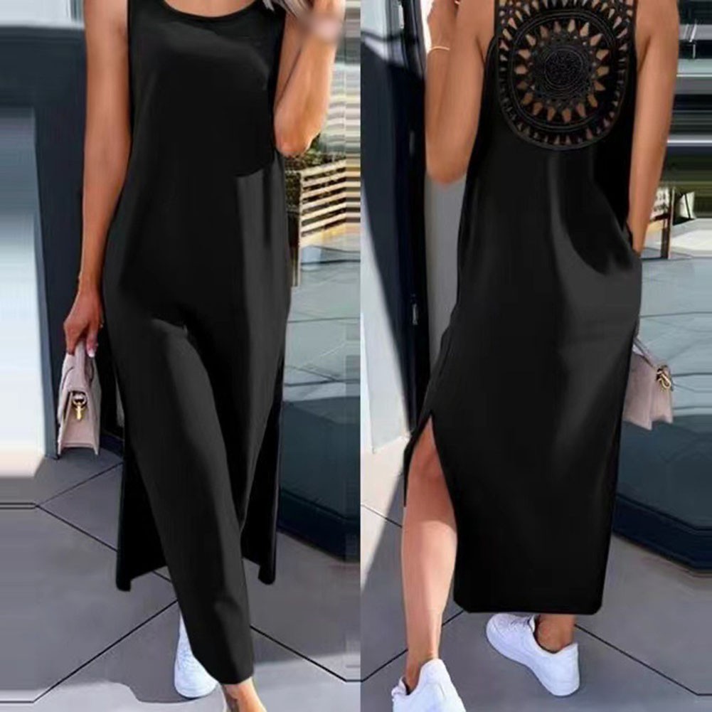 Women&rsquo;s Openwork Sleeveless Slit Vest Dress Over The Knee