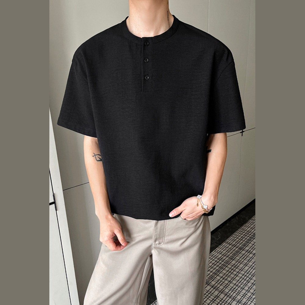 Men’s Casual Lightweight T Shirt Imitation Linen Texture Collar Design