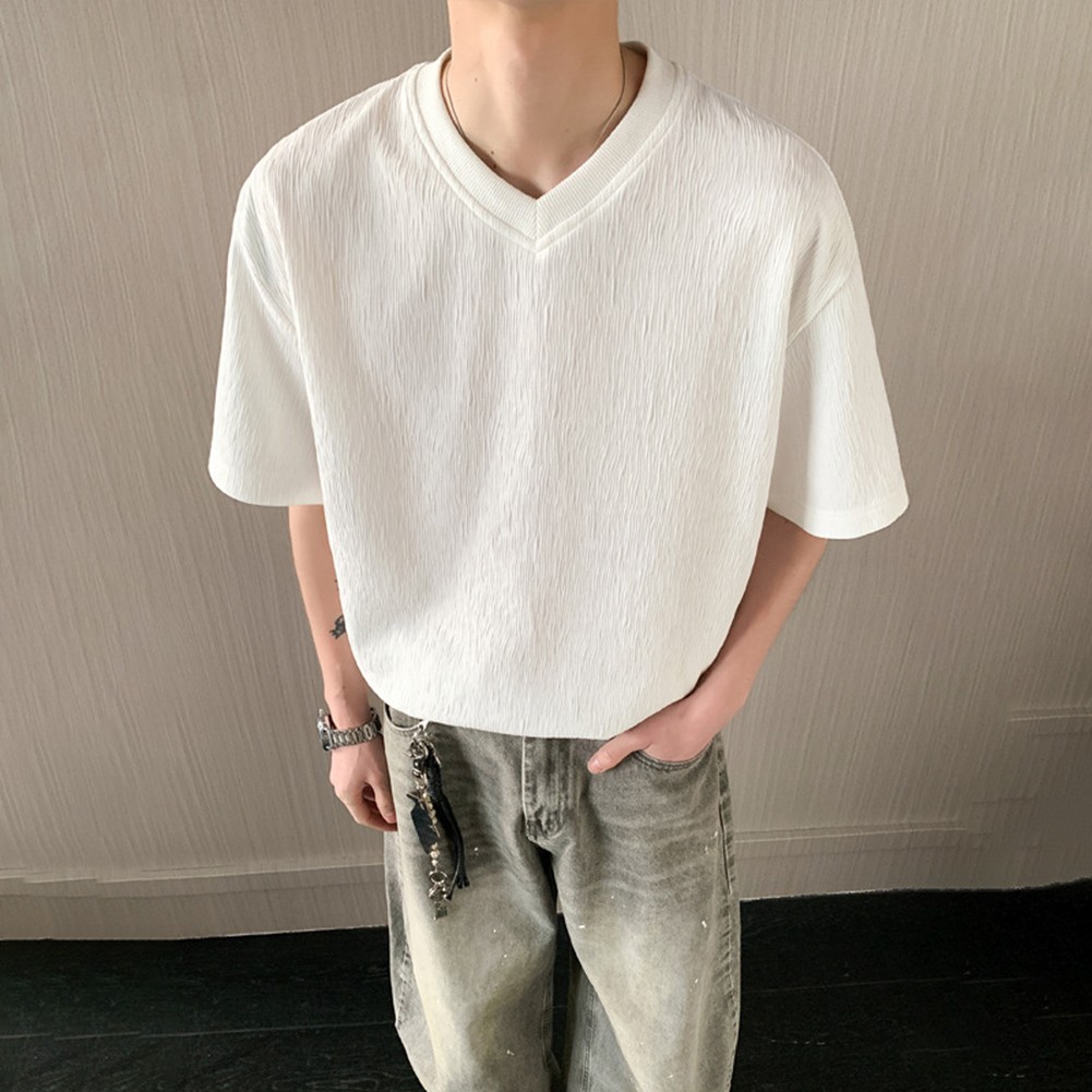 Men’s V Neck Short Sleeve T Shirt Loose Fit Pure Color Texture Casual Top