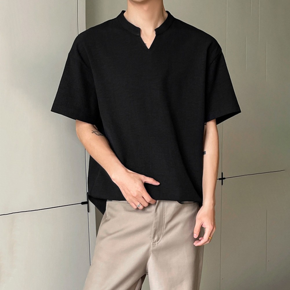 Loose Fit Men’s T-Shirt Imitation Linen V Neck Short Sleeve Summer Top