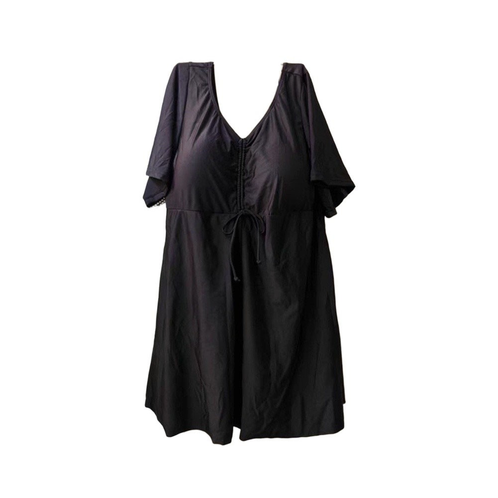 Plus Size Modest Swimsuit Short Sleeve Tummy Control Black Polyester 5XL