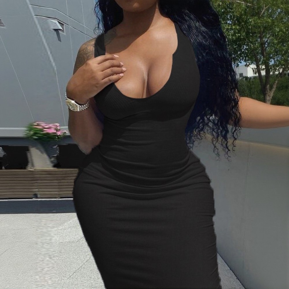 Women’s Deep U Neck Long Sleeveless Camisole Skirt Dress Solid Color Bodycon