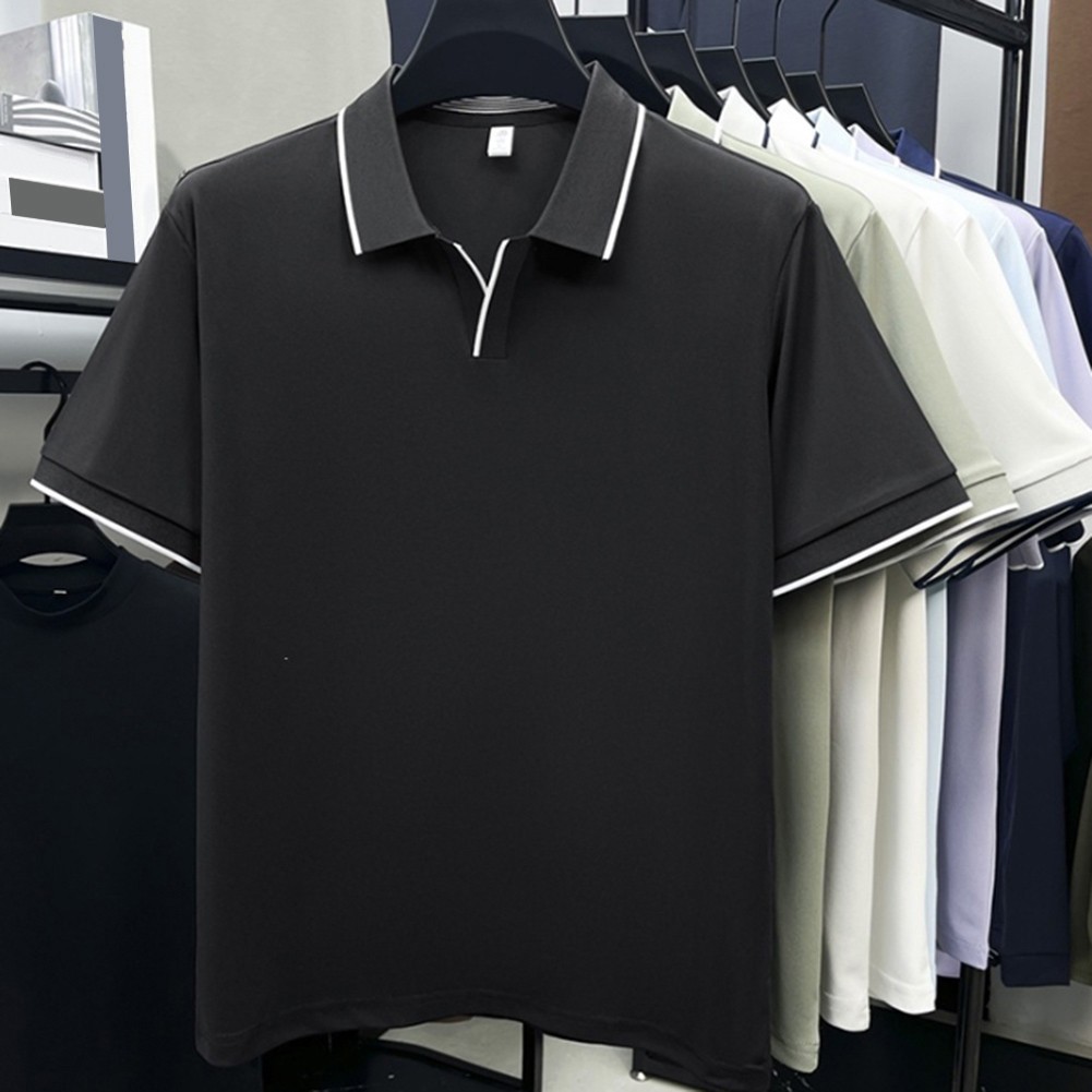 Men Contrast Trim Short Sleeve Lapel V Neck T Shirt for Business Casual Use