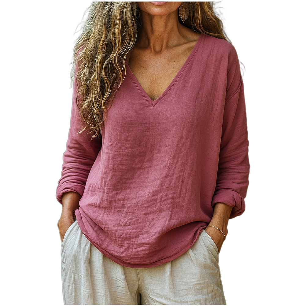 Loose Fit Cotton Linen Blend Top Women’s V Neck Long Sleeve Autumn Casual Shirt