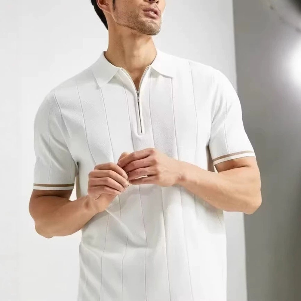 Breathable Men’s Pure Color Short Sleeve Collared T Shirt Polyester Knit