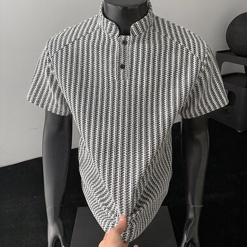 Men’s Summer T-Shirt Casual Style Fishbone Texture Polyester Striped Top