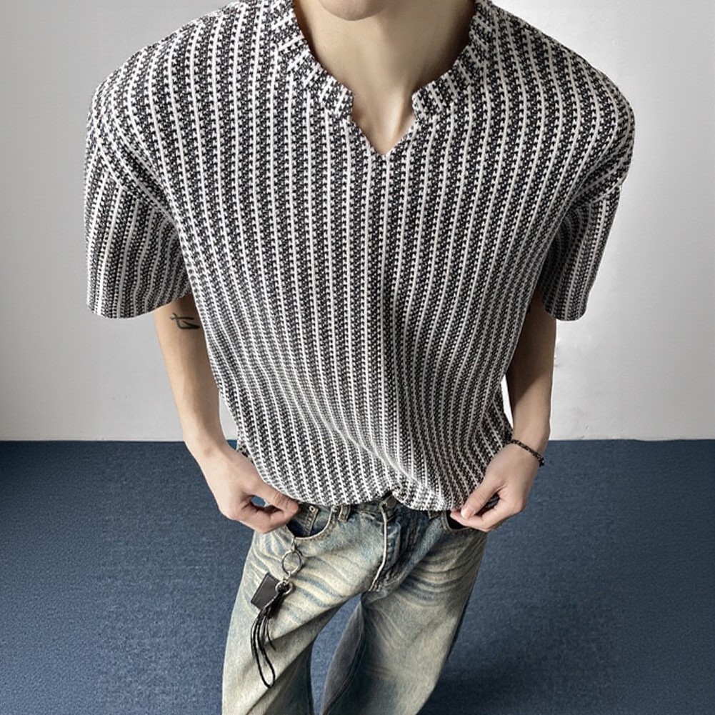 Men Casual Style Fishbone Texture V Neck T Shirt Loose Fit Striped Top L-4XL