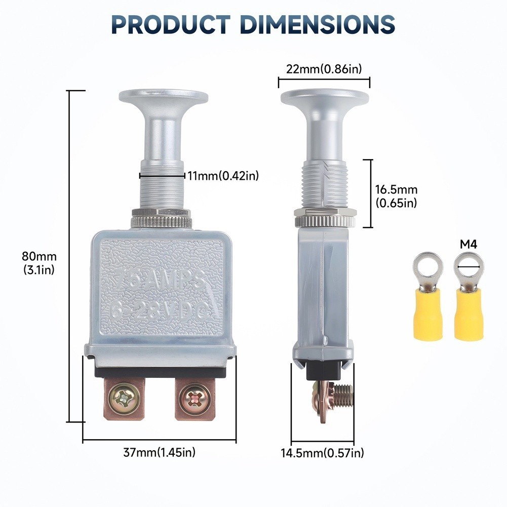 6-28V DC 75A Push for pull Switch Metal Housing Chrome Knob for Marine Use