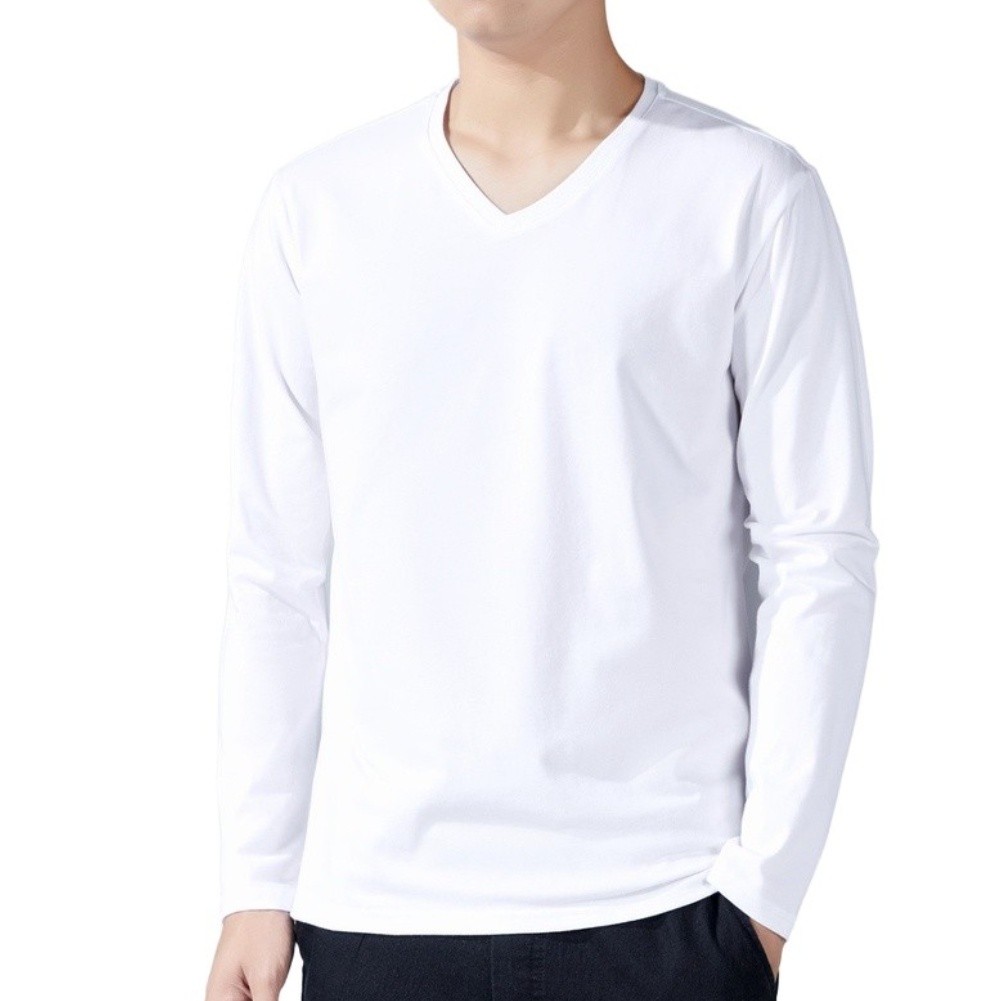 Men’s Casual Long Sleeve V Neck Tee Top in Stretch Polyester for Daily Wear