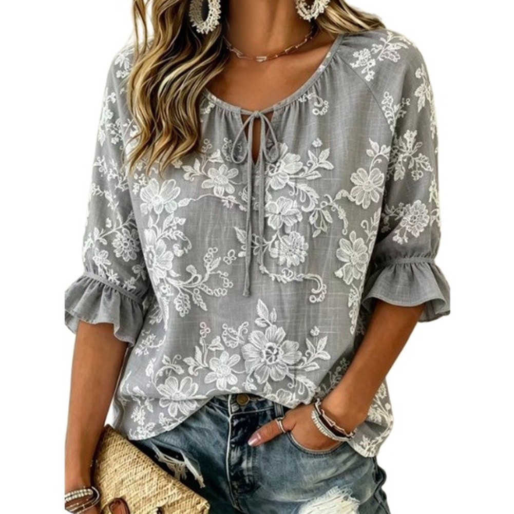 Women’s Tie Waist Round Neck Short Sleeve Top Made of Polyester for Daily Wear