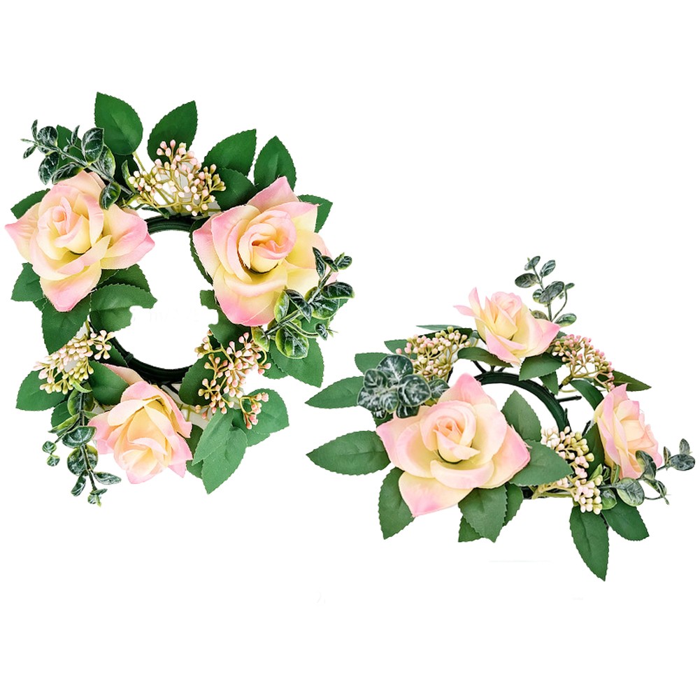 Romantic Silk Rose Wreath 22cm with Candle Holder for Wedding Table Centerpiece