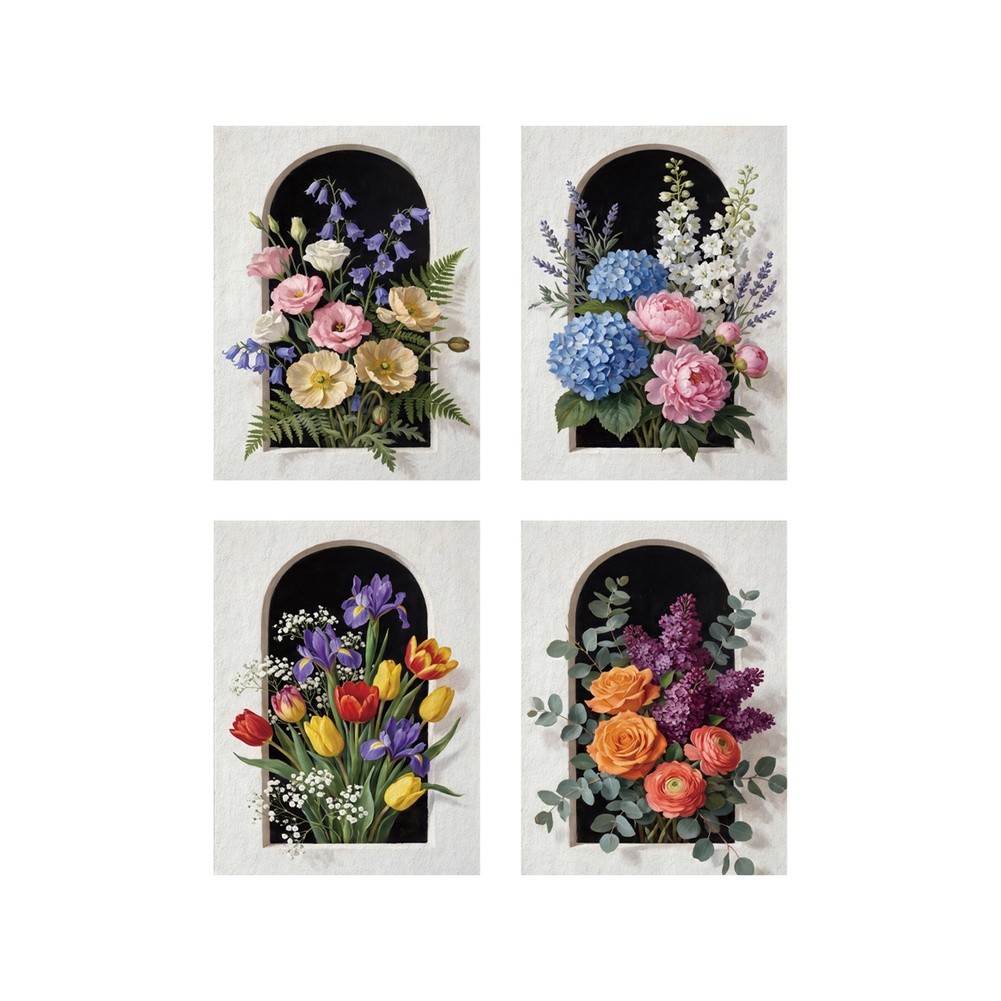 4 Piece Floral Wall Art Set Arch Window Design Canvas 30x40cm Home Decor