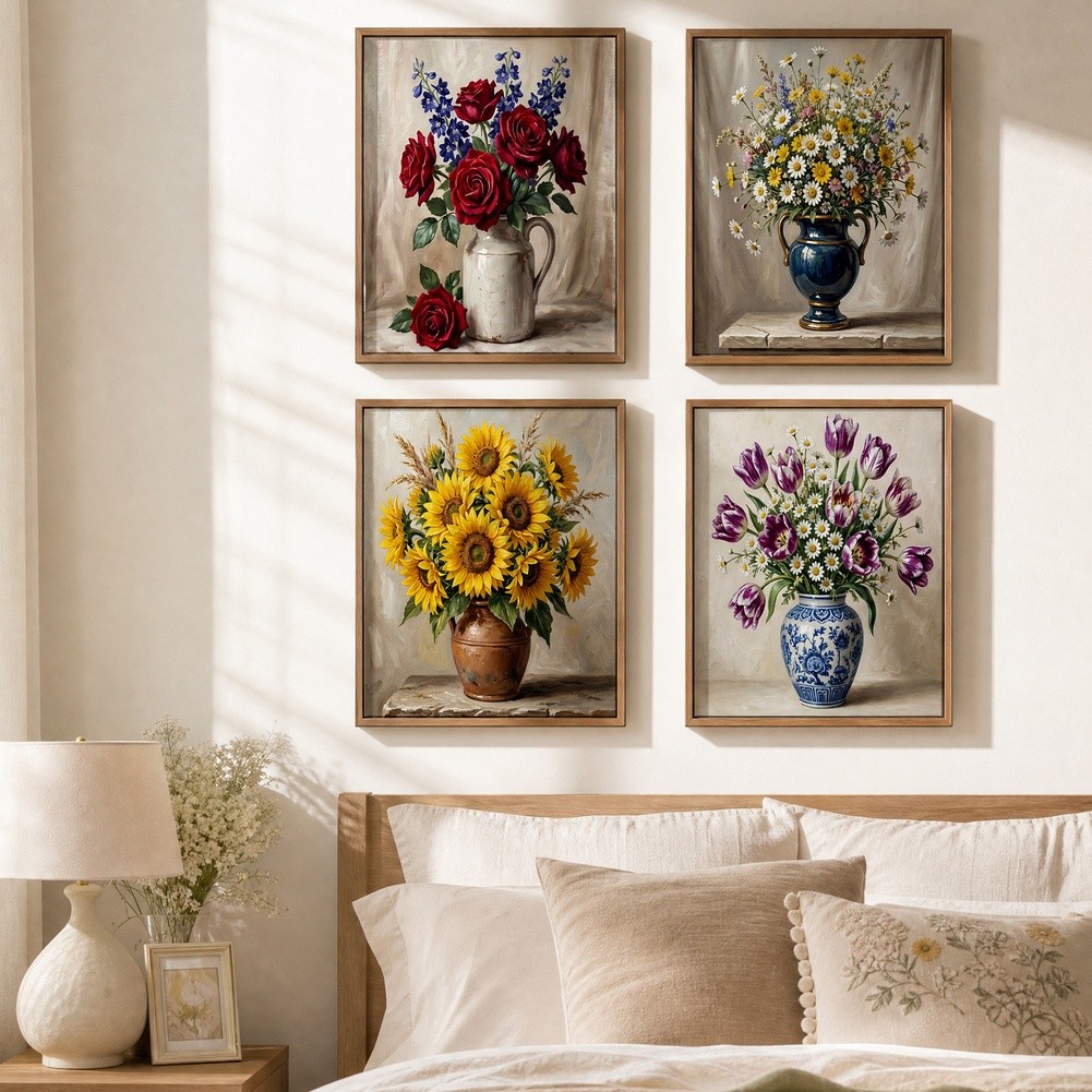 Elegant Flower Art Set 4pcs 21cm x 30cm Pigment Ink Printed Wall Decor