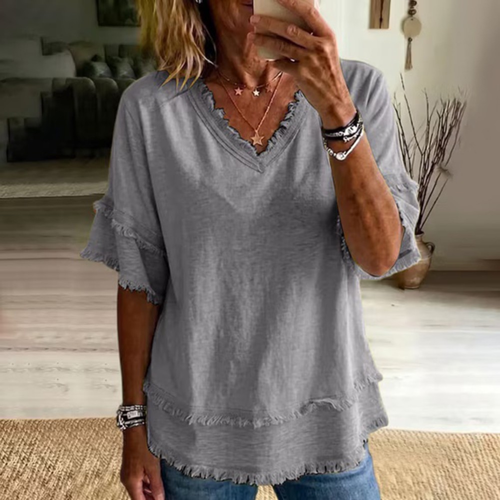 Casual Loose Fit Women’s Solid Color Short Sleeve Top V Neck Summer Polyester