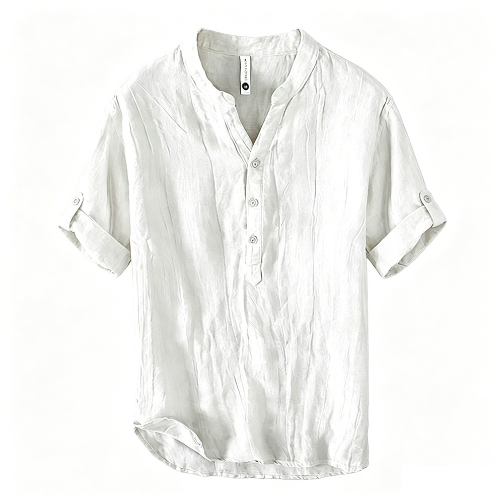 Cotton Linen Men’s Short Sleeve Shirt V Neck Solid Color for Daily Wear