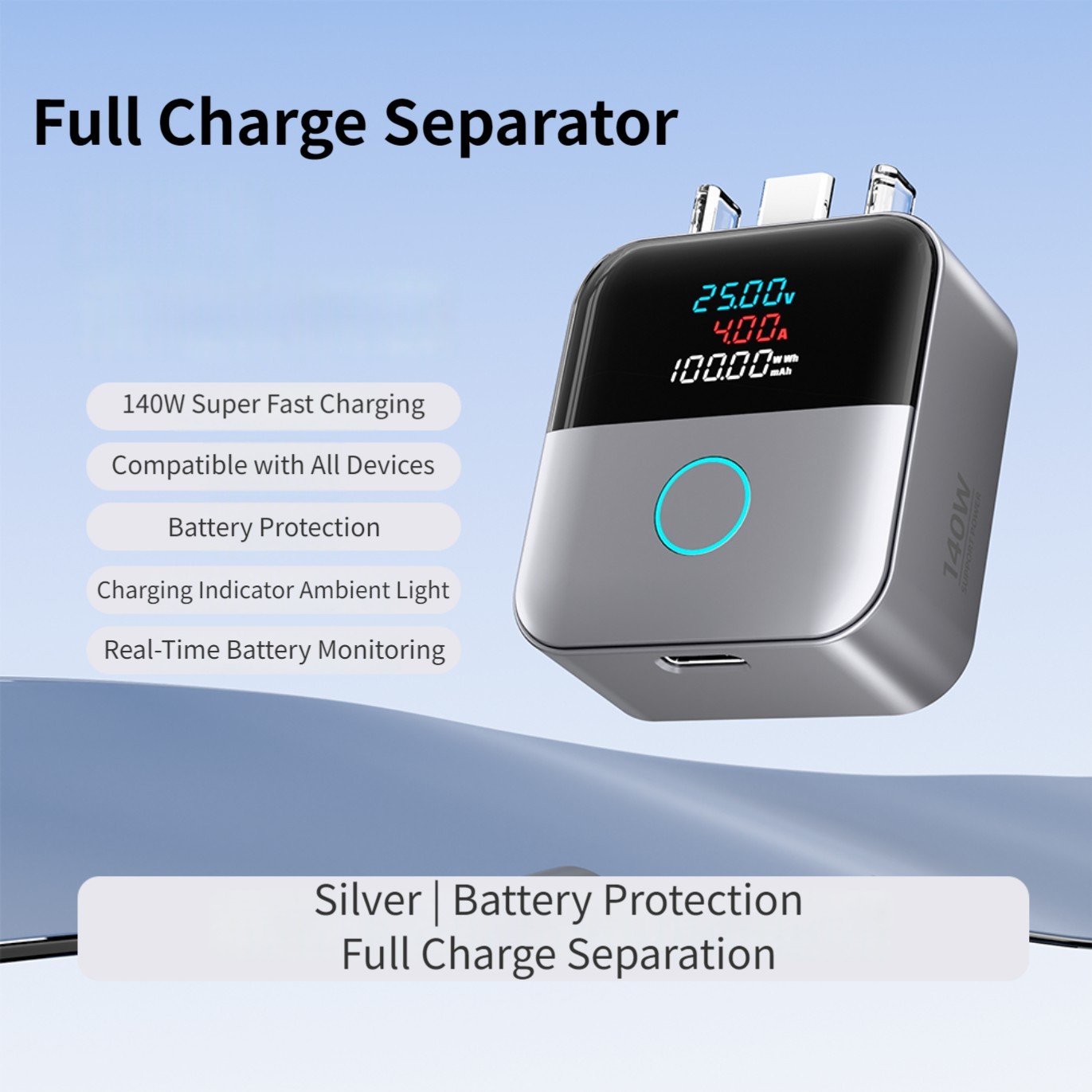 USB C Auto Stop Charging Adapter 140W Real-time Current Voltage Power Display