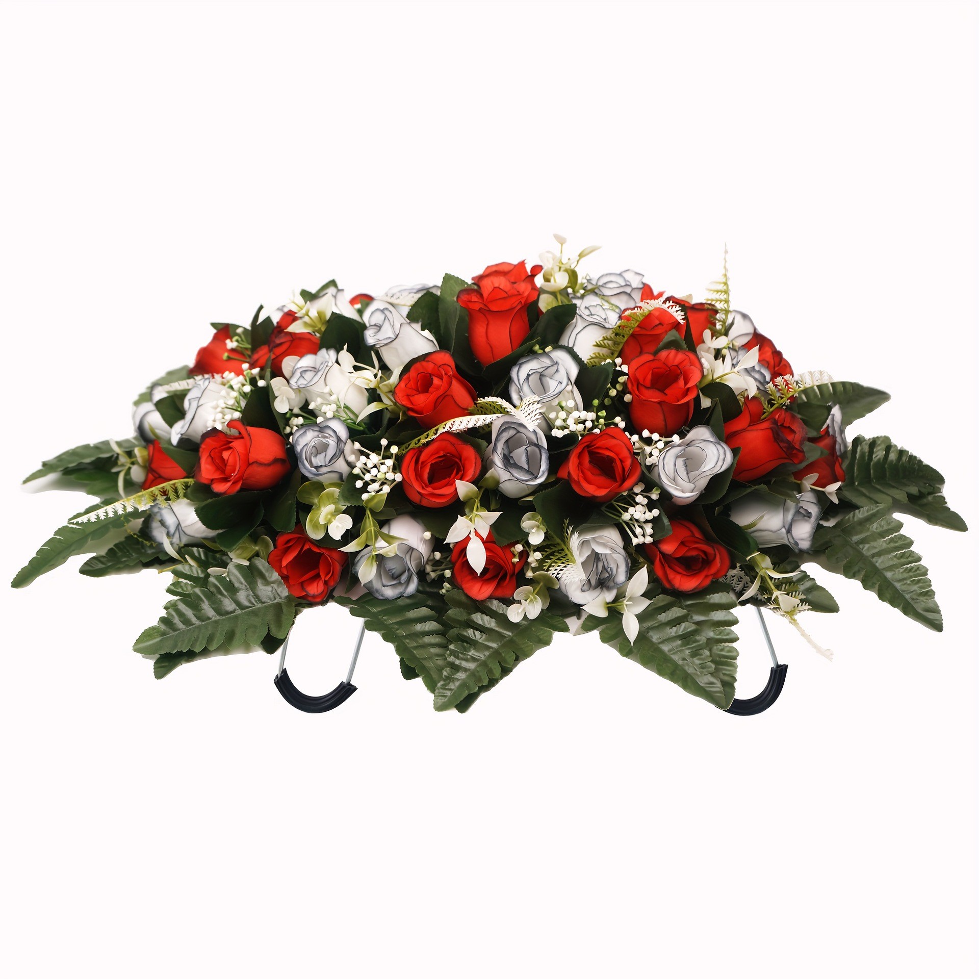 Flat Grave Marker Saddle Flower with Sturdy Metal Hooks and Silk Roses