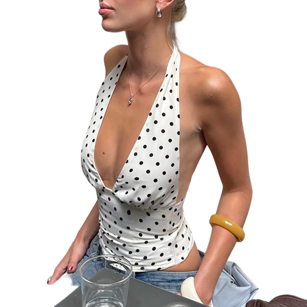 Women's Polka Dot Sleeveless Crop Vest Halter Neck for Casual Spring Summer