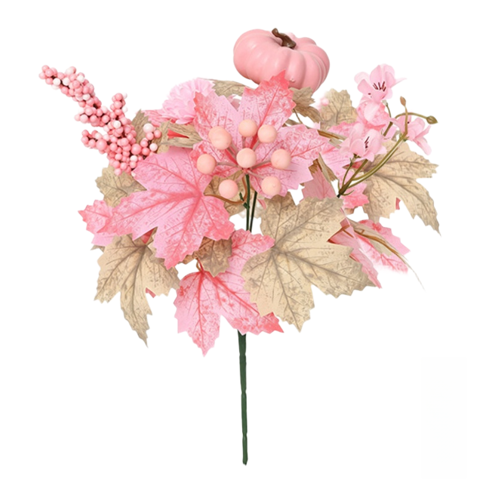 12.6in Artificial Autumn Bouquet Plastic Stem Silk Flowers Pink Pumpkin