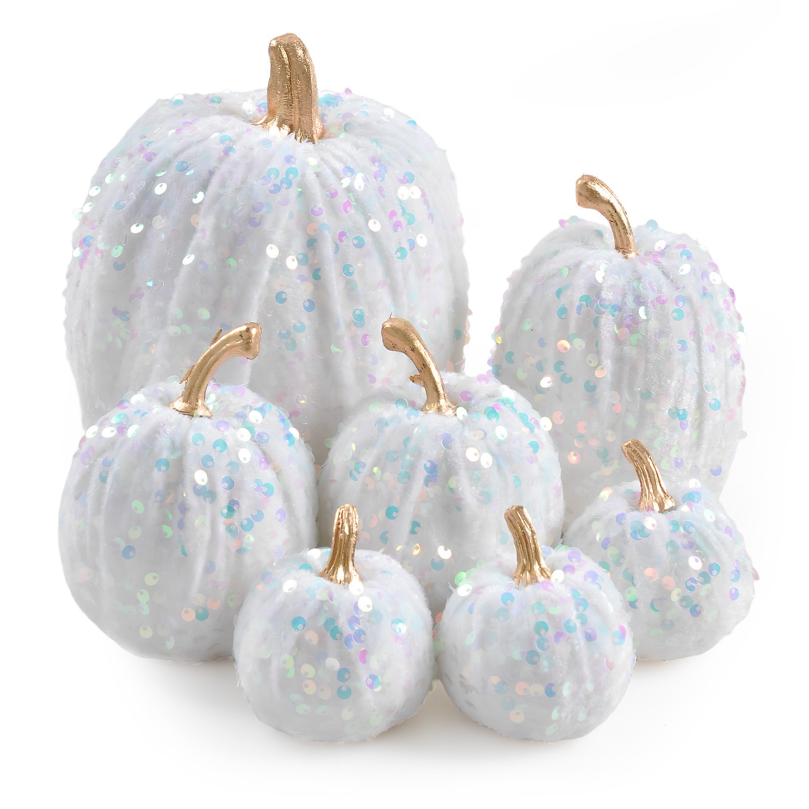 7 Pc Sequin Pumpkin Set Foam Core Plush Fabric Shimmering for Seasonal Display