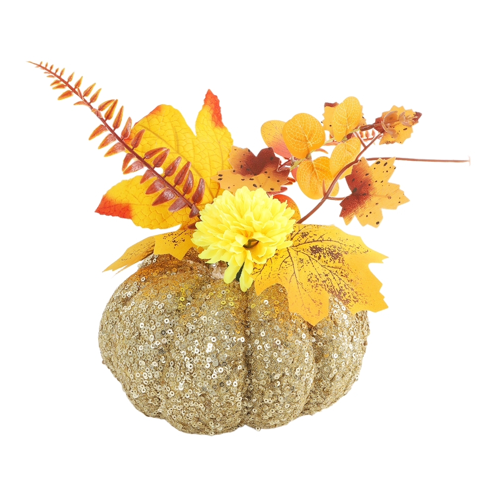Table Centerpiece: Glitter Pumpkin with Silk Dahlias and Printed Leaves