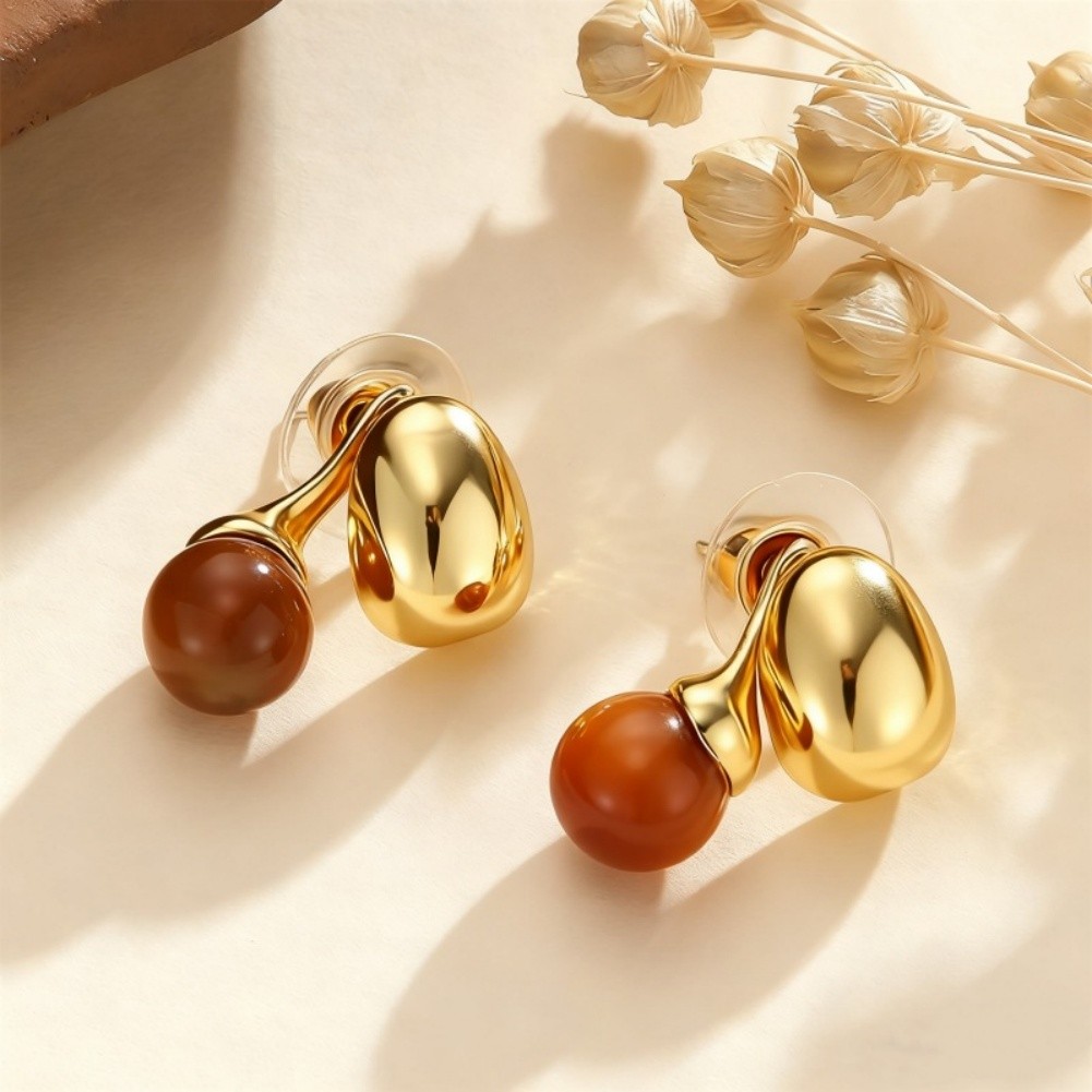 Maillard Style Geometric Eye Stone Earrings for Women in Brown and Gold