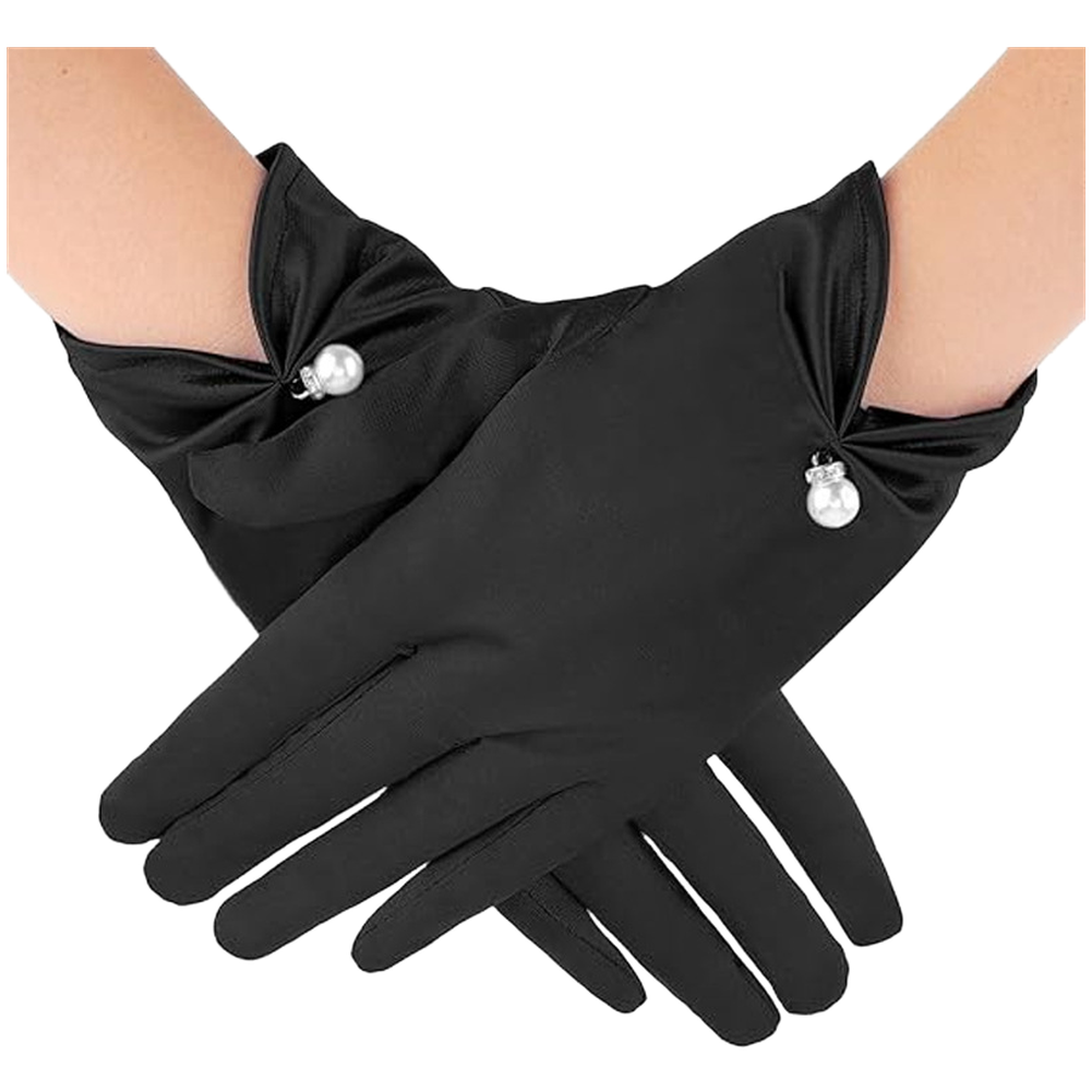 Bridal Opera Gloves Women Smooth Fabric Short Style with Pearl Wrist Detail