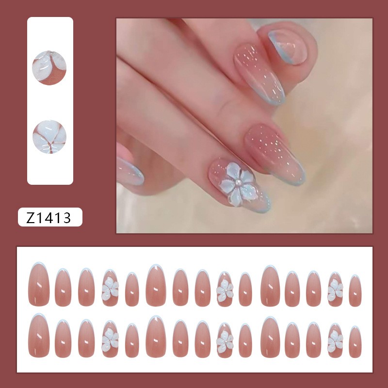 Peach Tone Almond Press On Nails with 3D Floral Carving for For french Effect