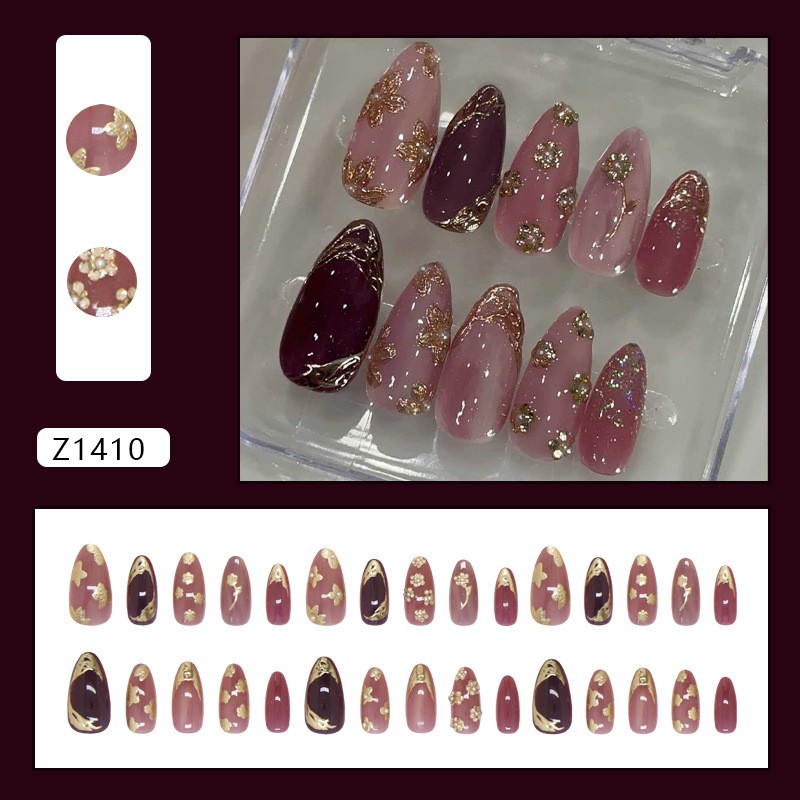 3D Gold Plated Pearl Rhinestone Floral Press On Nails Medium Almond Shape