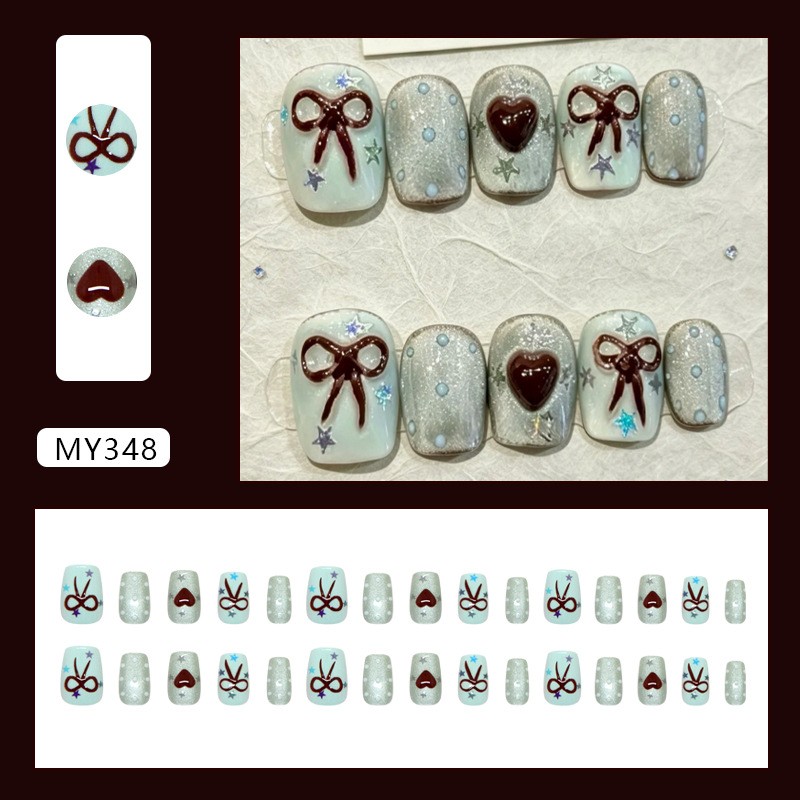 Cat Eye Effect Removable Nail Tips with Heart Bow Star Polka Dot Mint Accents